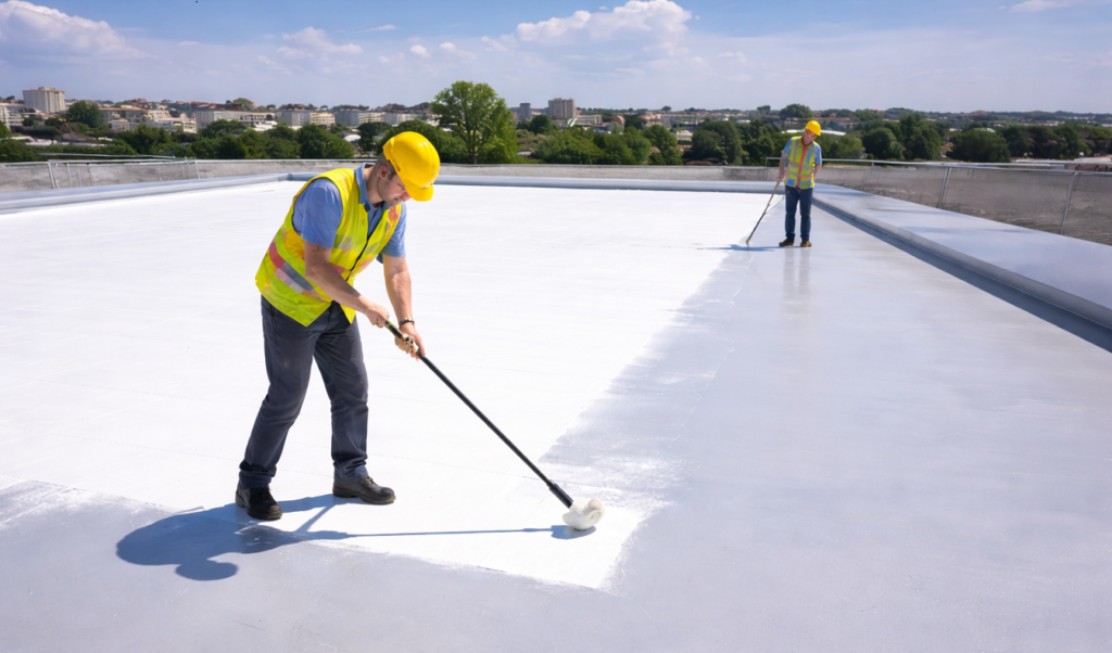 צביעת גג בצבע לבן לפני התקנת מערכת סולארית דו צדדית - רותם אנרגיה - תמונה להמחשה